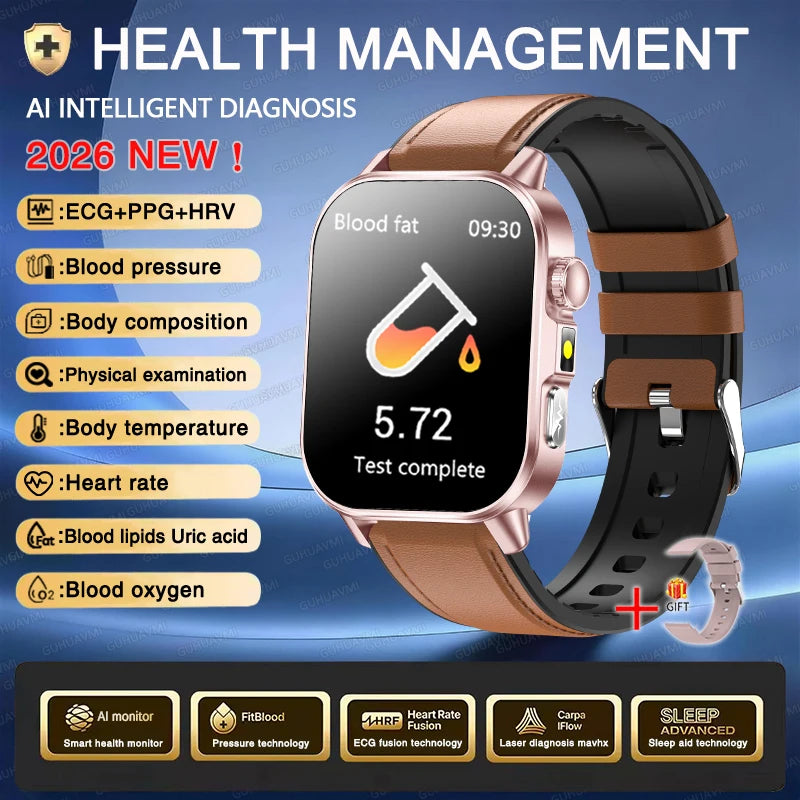 Nuovo Smartwatch per Uomo con Diagnosi ECG Accurata, Misurazione di Pressione Sanguigna, Ossigeno nel Sangue, Grasso nel Sangue, Acido Urico, Temperatura, Chiamate Bluetooth