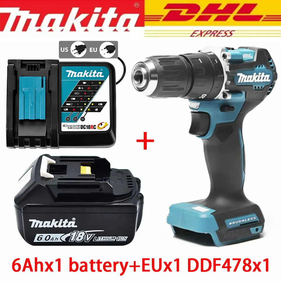 Trapano avvitatore a batteria Makita DDF487 18V LXT, compatto, leggero, con elevata coppia, 20 impostazioni di coppia, luce LED e cambio a 2 velocità.