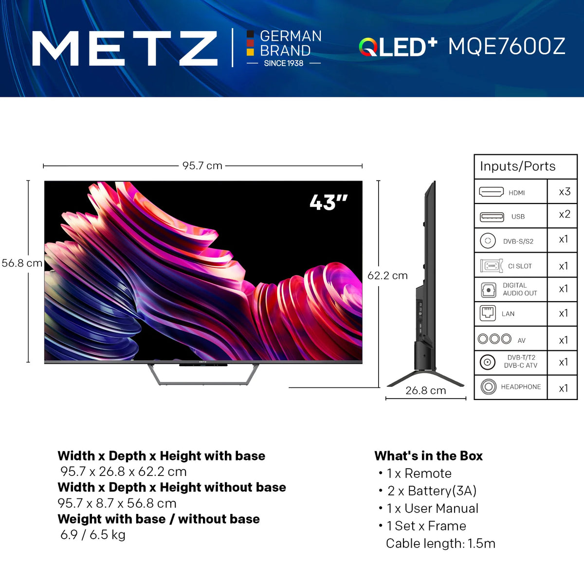 Smart TV Metz Qled+ 4K UHD 43" con Google TV e schermo opaco antiriflesso, Dolby Vision, Dolby Atmos, HDR, Wi-Fi 2024 43Mqe7600Z