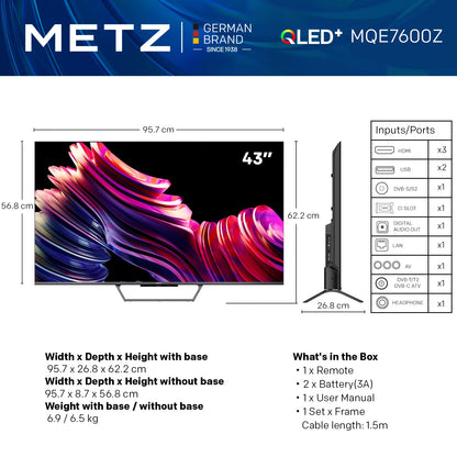 Smart TV Metz Qled+ 4K UHD 43" con Google TV e schermo opaco antiriflesso, Dolby Vision, Dolby Atmos, HDR, Wi-Fi 2024 43Mqe7600Z