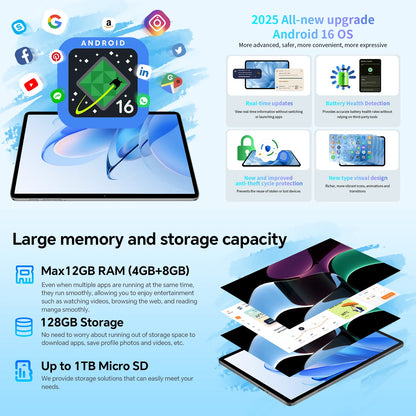 Custodia per tablet Teclast P30T, Android, 16, 10,1", 16 GB (3 GB + 13 GB) di RAM, 128 GB di ROM, CPU a 8 core, tutto in uno: custodia per P30T/tastiera/mouse/penne/auricolari/supporto.