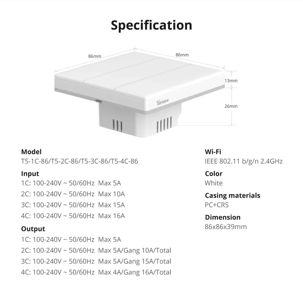 Sonoff TX Ultimate SONOFF T5 Sonoff Interruttore da parete 86/120 Accesso completamente touch Bordo luminoso a LED Multi-sensoriale tramite Alexa Home Smartthings