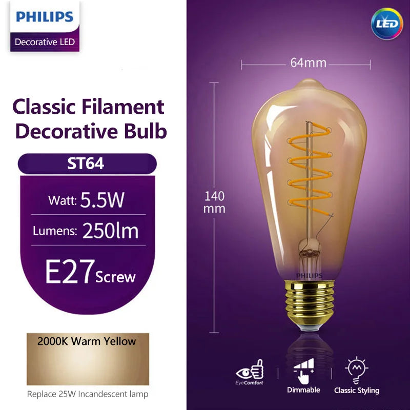 Philips LED ST64 E27 Luce decorativa 5,5 W = 25 W) Lampadine a filamento classiche Dimmerabili 220-240 V Lampade 2000 K Morbido caldo ambra Oro LED