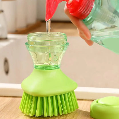 Spazzola per piatti con erogatore di sapone 2 in 1, dotata di spazzola integrata per la pulizia di pentole, padelle e lavelli, fornita con supporto da parete, strumento per la pulizia della cucina.