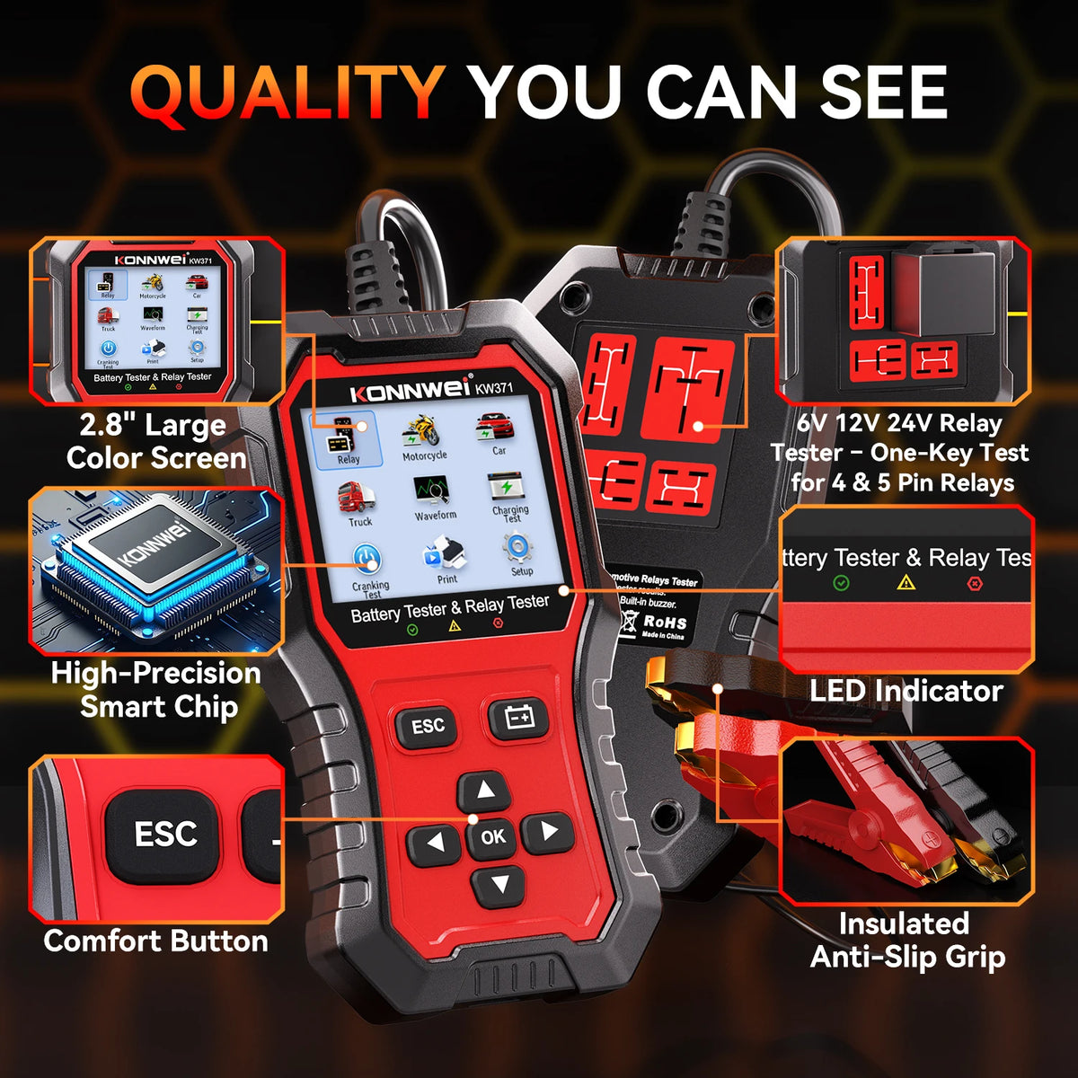 Tester Batteria Auto 2in1 KONNWEI KW371 2026 e Tester Relè a 4 Pin 5 Pin 6V 12V 24V con Stampa Dati Guasto, Test Avvio e Strumento di Scansione Ricarica