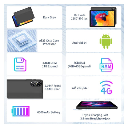 Tablet Android da 10.1" con Processore Octa-core, 16GB (4+12GB Virtuali) di RAM, 64GB di ROM, Schermo Touch HD IPS, Wi-Fi 6, BT 5.0, Doppia Fotocamera