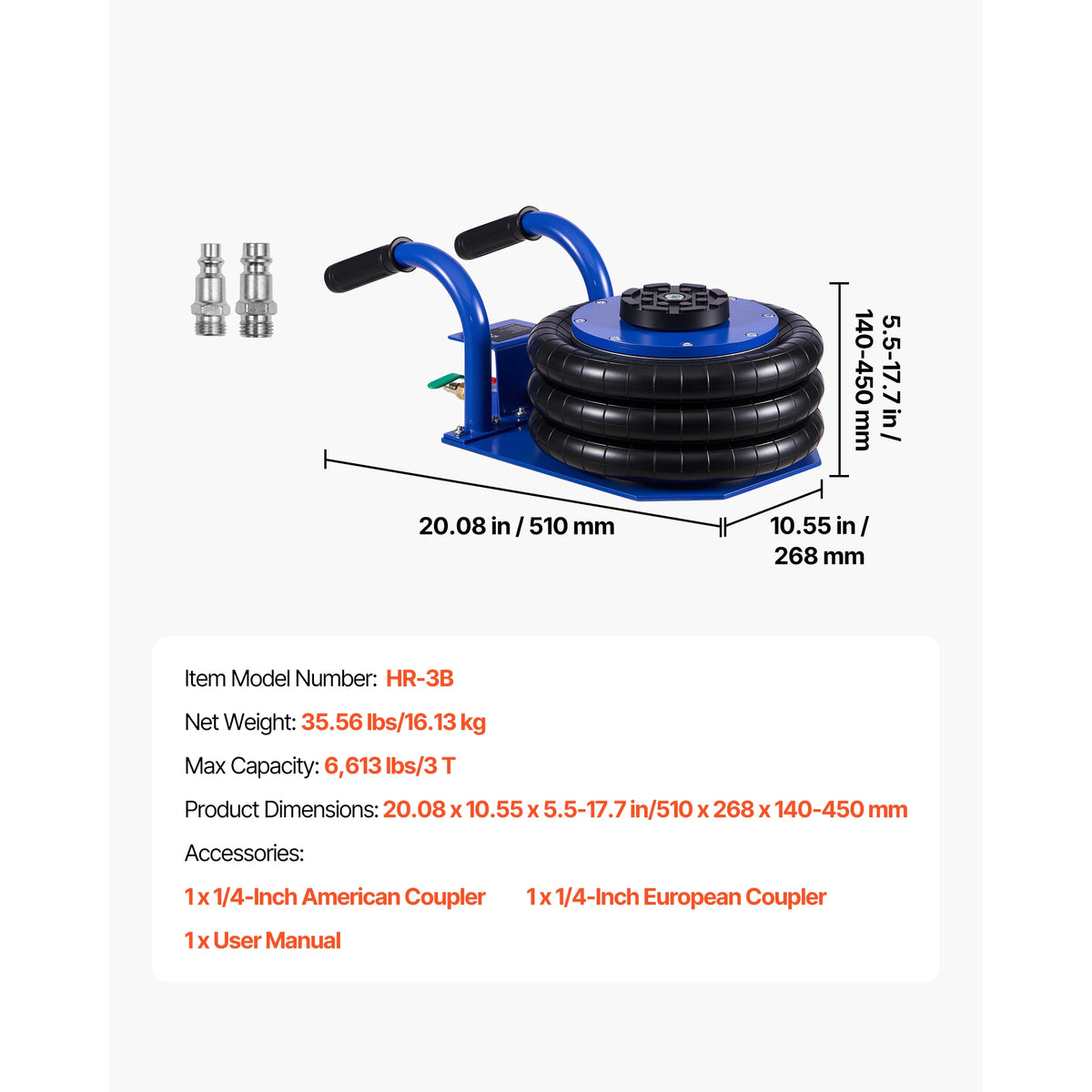 SucceBuy Martinetto pneumatico a tripla borsa, capacità di 3 tonnellate/6600 libbre, jack per auto pneumatici portatili, resistenti e sollevataggio rapido per la riparazione di auto da garage