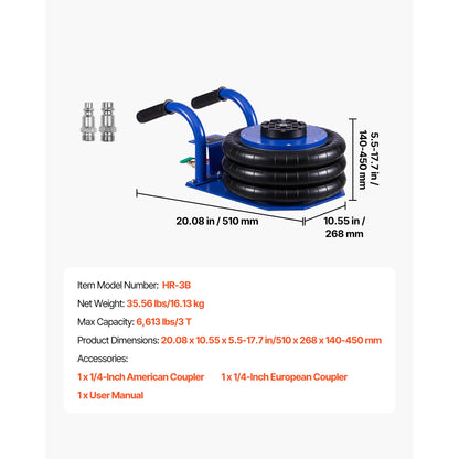 SucceBuy Martinetto pneumatico a tripla borsa, capacità di 3 tonnellate/6600 libbre, jack per auto pneumatici portatili, resistenti e sollevataggio rapido per la riparazione di auto da garage