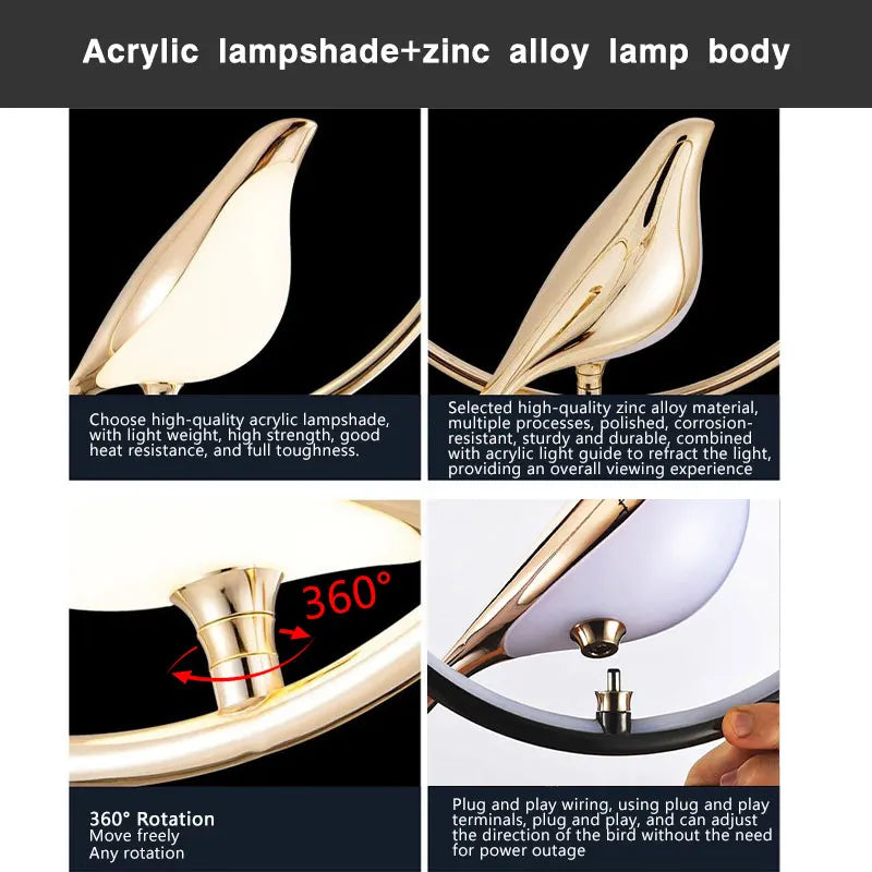 Lampade a sospensione a LED per uccelli gazza girevoli per interni per sala da pranzo AC85-265V Lampade a sospensione per camera da letto sospese con cavo da 1,5 m