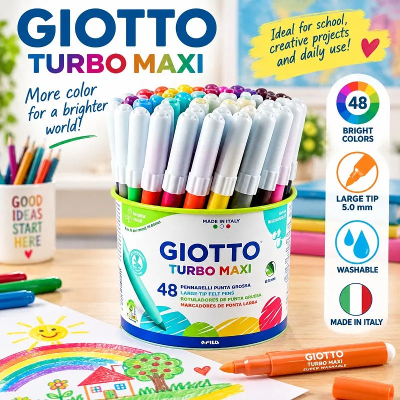GIOTTO Set da 48 Pennarelli Lavabili con Punta in Feltro Turbo Maxi 5mm, Pennarelli Jumbo per Bambini, Scuola, Casa, Disegno, Colorazione, Set Artistico Creativo