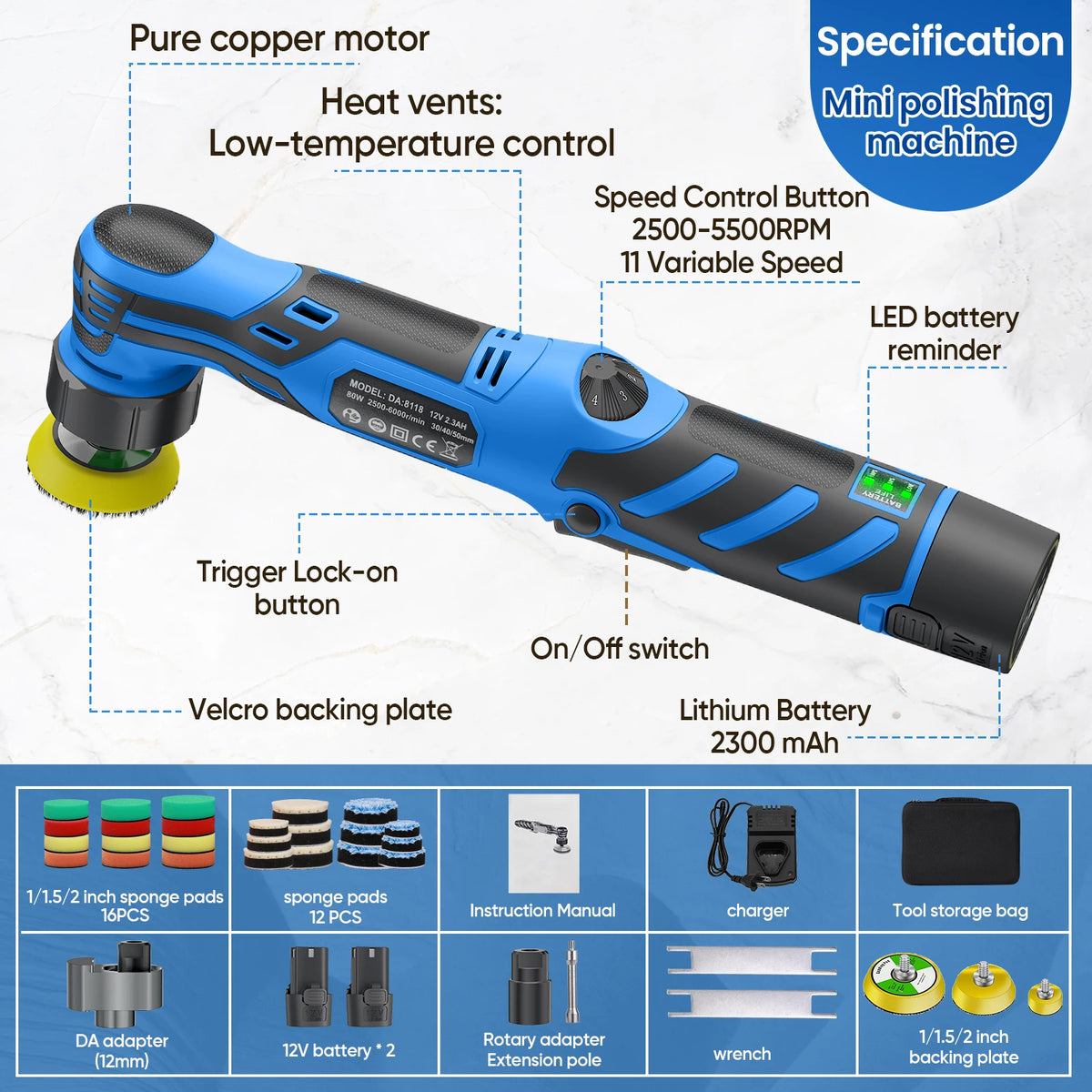 Lucidatrice per auto portatile a batteria 12V, con doppia modalità di funzionamento (rotazione e oscillazione), dotata di kit di tamponi da 1/1,5/2 pollici, strumento elettrico senza fili per la cura e la lucidatura dell’a