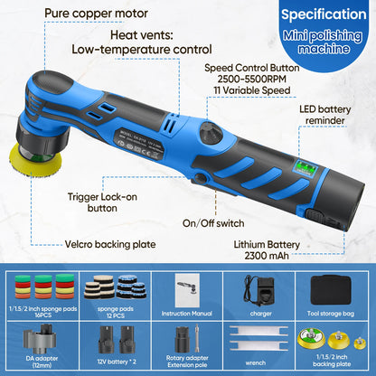 Lucidatrice per auto portatile a batteria 12V, con doppia modalità di funzionamento (rotazione e oscillazione), dotata di kit di tamponi da 1/1,5/2 pollici, strumento elettrico senza fili per la cura e la lucidatura dell’a