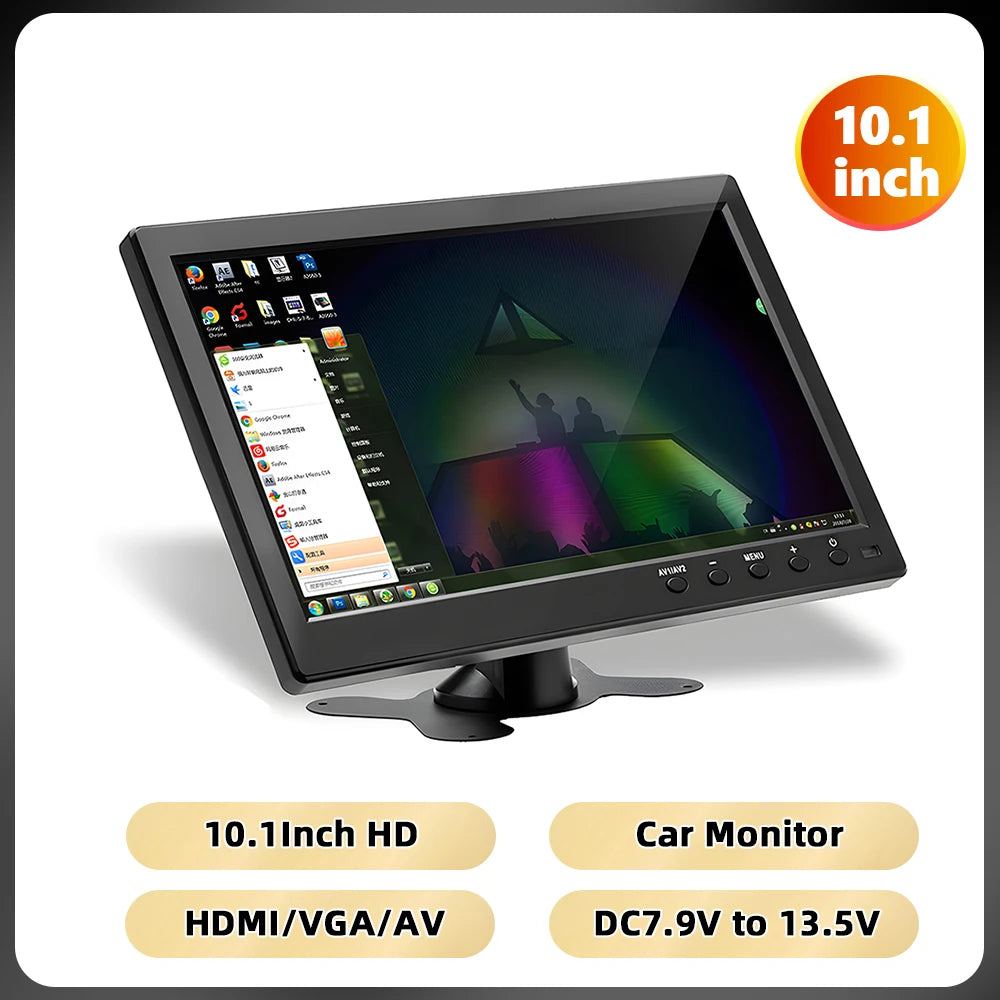 Monitor di Sicurezza Podofo 10.1'' con Display TFT LCD HD, Schermo Digitale con Ingresso Video HDMI/VGA/AV/USB/SD, Lettore PC/TV/DVD, Monitor per Auto