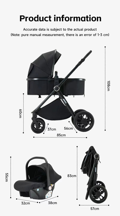 Passeggino 3-in-1 Pieghevole per Neonati con Seggiolino Auto e Culla, Telaio in Alluminio Leggero, Passeggino Estivo Traspirante per Panorami