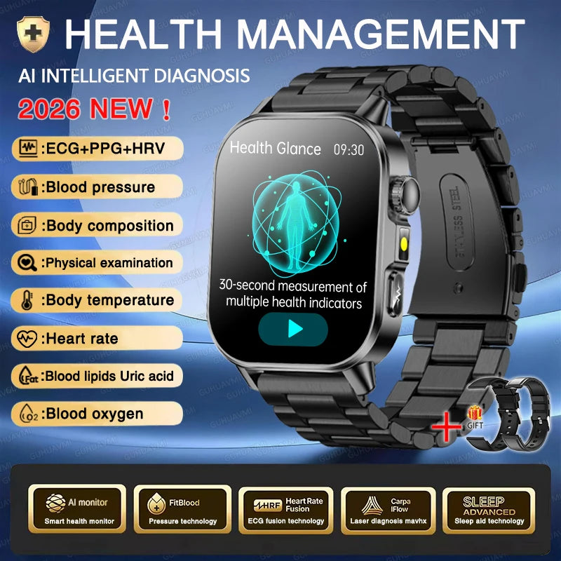 Nuovo Smartwatch per Uomo con Diagnosi ECG Accurata, Misurazione di Pressione Sanguigna, Ossigeno nel Sangue, Grasso nel Sangue, Acido Urico, Temperatura, Chiamate Bluetooth