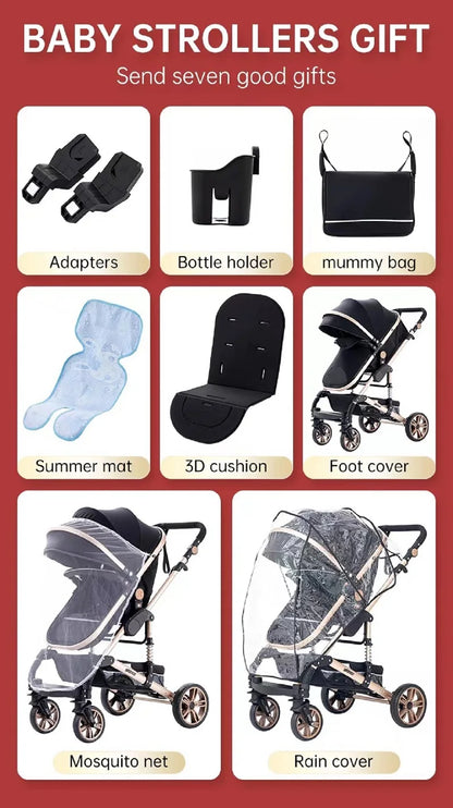 Passeggino 3 in 1 Facile da piegare Telaio in alluminio ad alto paesaggio Passeggino neonato con ruota in gomma per assorbimento degli urti a quattro ruote