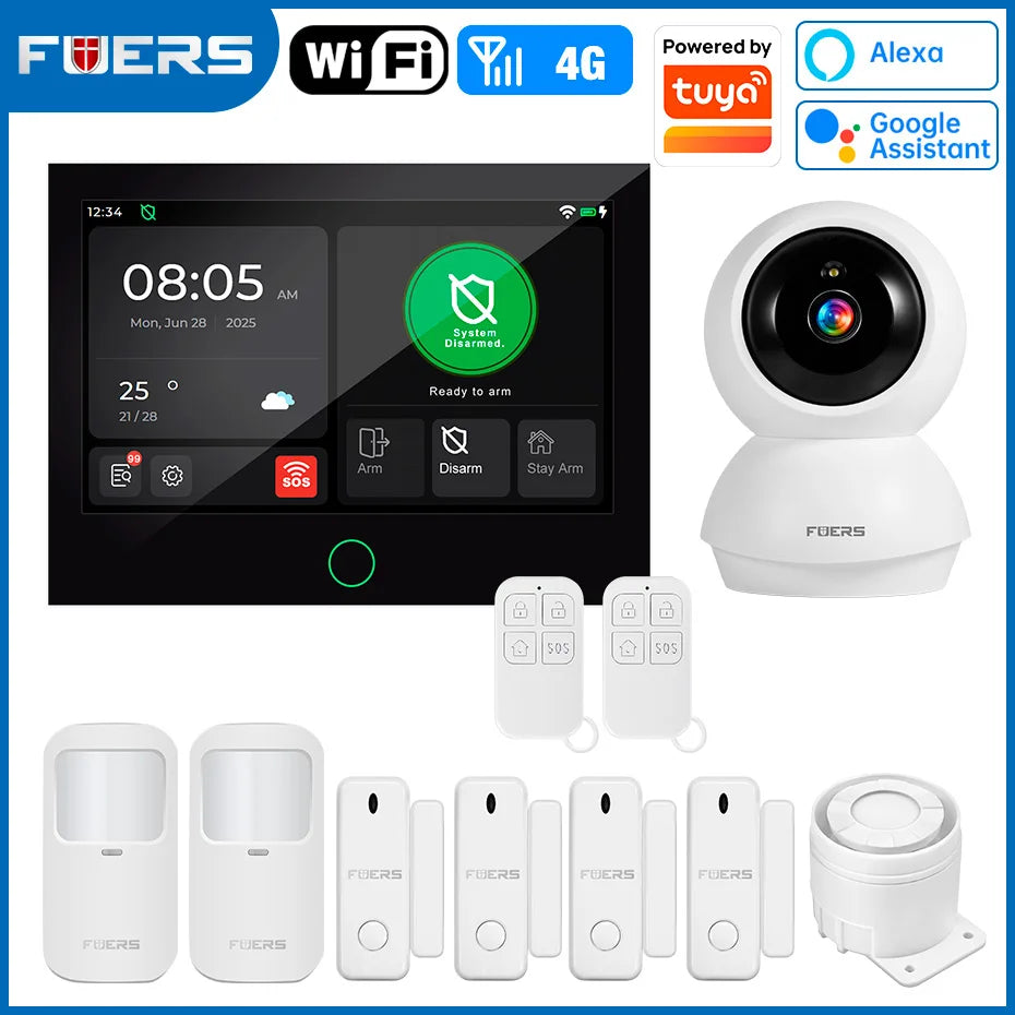 FUERS Sistema di Allarme Domestico 4G con Schermo TFT da 7 Pollici G70 Sistema di Allarme Antifurto Wireless GSM WiFi Compatibile con Tuya Smart