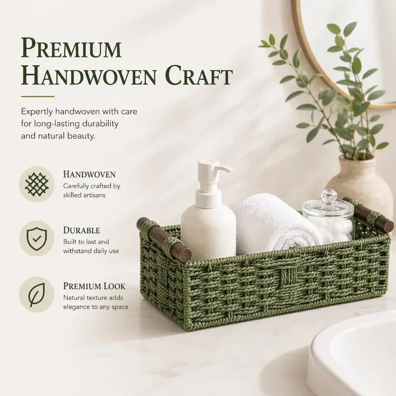 Cesto portaoggetti in legno massello con manico in corda di carta intrecciata in stile forestale, organizer per la cura del bagno e del lavabo, cesti da ripiano
