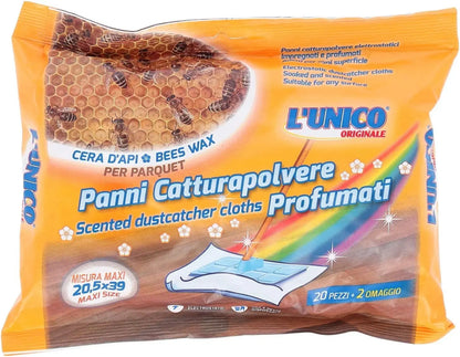 Panni antipolvere profumati Generico L'Unico con cera d'api - Confezione da 5x20 100 Panni – Elettrostatici per Parquet e Pavimenti, Profumo Naturale, Formato Maxi 20,5X39 Cm, Made in Italy