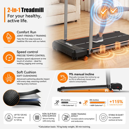 Treadmill domestico KeHot con APP Bluetooth, macchina da corsa pieghevole 1-12 Km/h, compatibile con EQISport/Zwift/Kinomap, display LED, inclinazione regolabile, capacità 125 kg, tapis roulant compatto per cardio.