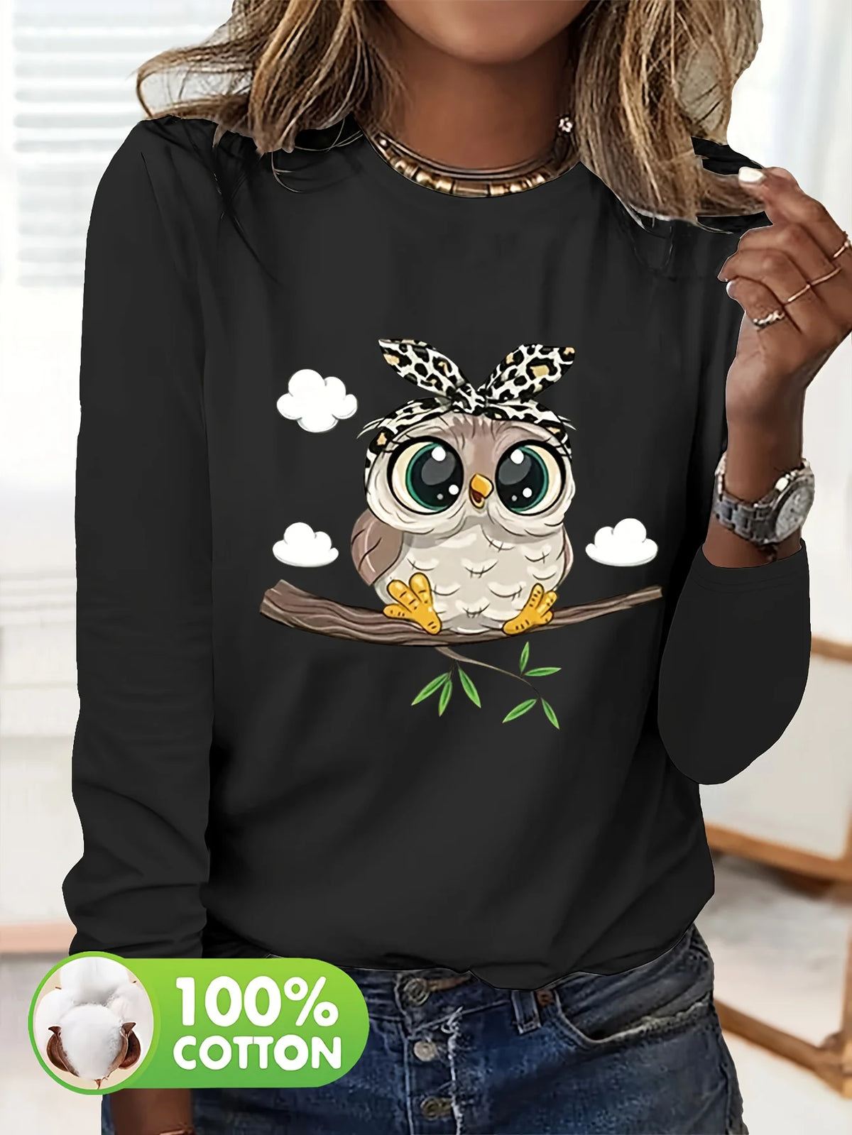 T-shirt da donna in 100% puro cotone, ideale per la primavera e l'autunno, comoda, casual, alla moda, con maniche lunghe, stampa grafica a tema felino e scollo rotondo.
