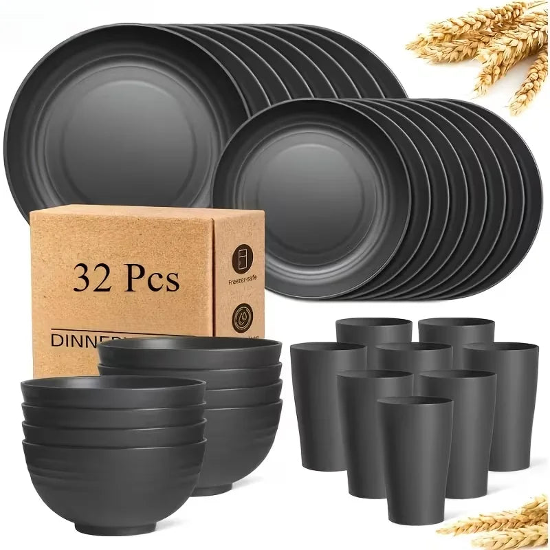 Set di Stoviglie in Plastica da 16/32 Pezzi, Include Piatti Piani, Piattini da Dessert, Ciotole e Tazze, per Uso Domestico e Ristorazione
