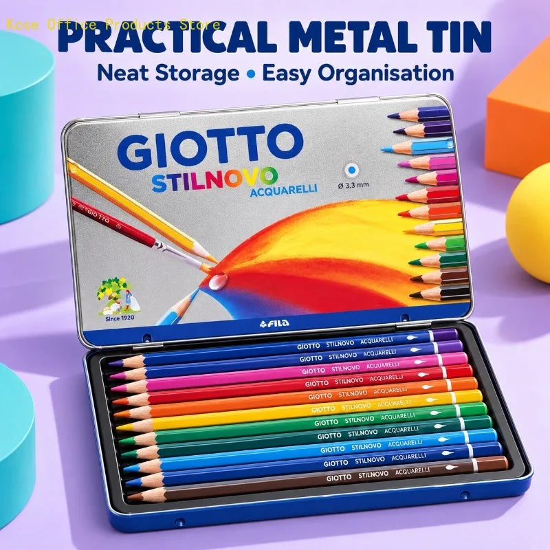 GIOTTO 12 matite colorate per acquerello in una scatola metallica, con mina da 3,3 mm, set per disegno e sfumature dai colori vivaci, ideale per studenti, artisti e appassionati di arte.