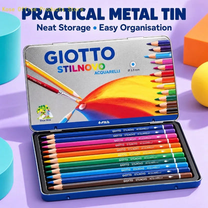 GIOTTO 12 matite colorate per acquerello in una scatola metallica, con mina da 3,3 mm, set per disegno e sfumature dai colori vivaci, ideale per studenti, artisti e appassionati di arte.