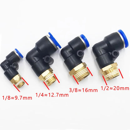 Set di 5 connettori pneumatici a gomito con filettatura maschio da 1/8', 1/4', 3/8', 1/2' per tubi dell'aria da 4/6/8/10/12 mm