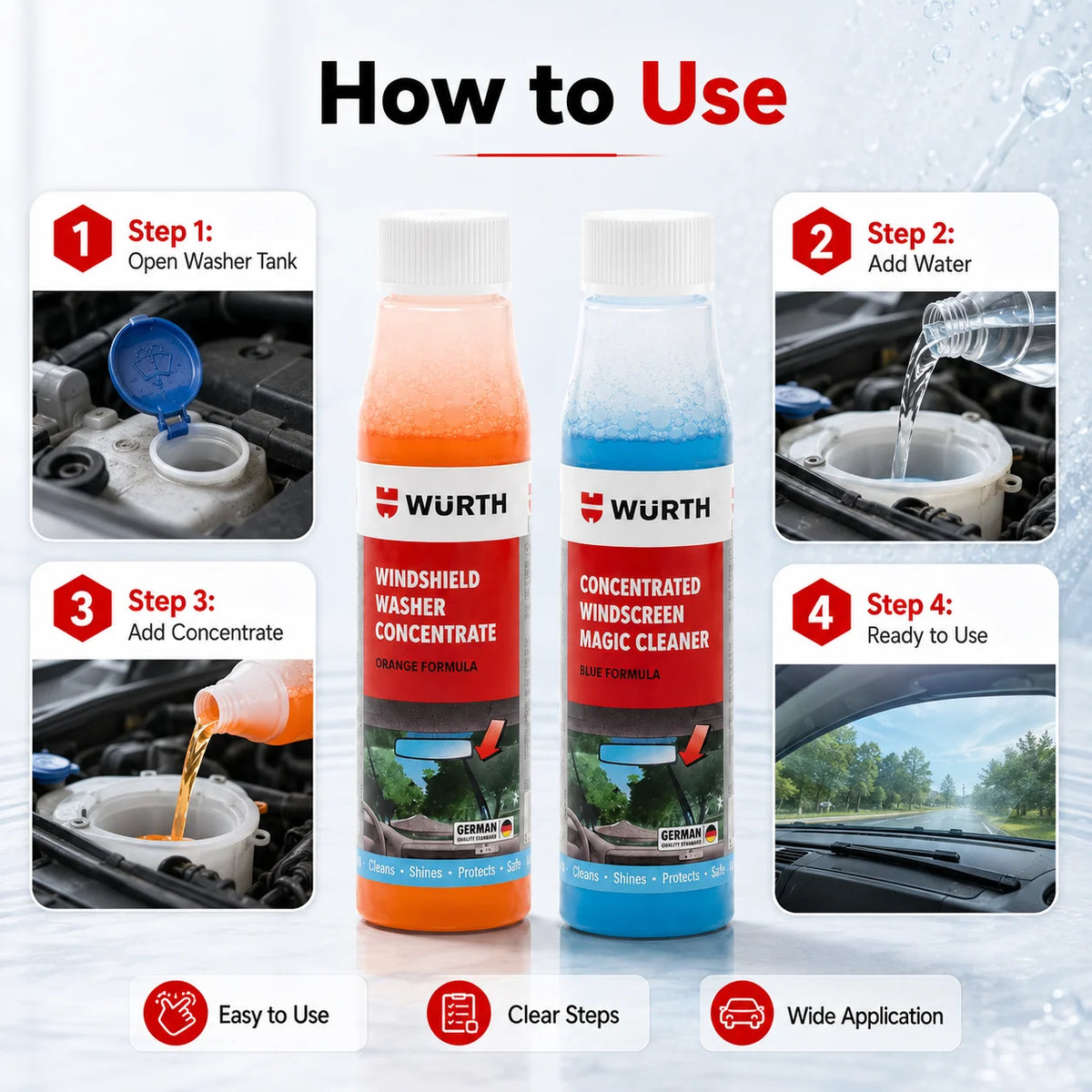 WURTH Detergente Concentrato per Parabrezza 1:100 Miscelazione Rapida Senza Aloni per Vetri Auto 32ml Arancione Blu