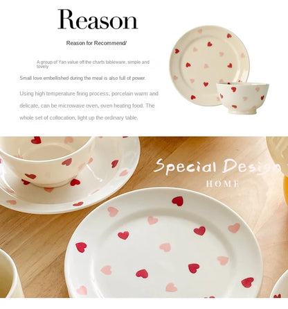 Set di stoviglie in ceramica a forma di cuore, piatto piano, insalatiera di riso, tazza da caffè, amore giapponese, regalo caldo per San Valentino