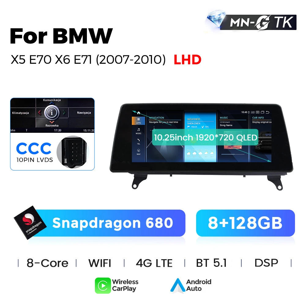Sistema Multimediale Intelligente MEKEDE con CarPlay Wireless e Android Auto per BMW X5 E70 X6 E71, Schermo QLED da 10.25/12.3 Pollici, Android 14, CPU Snapdragon, Radio e Navigazione GPS per Auto