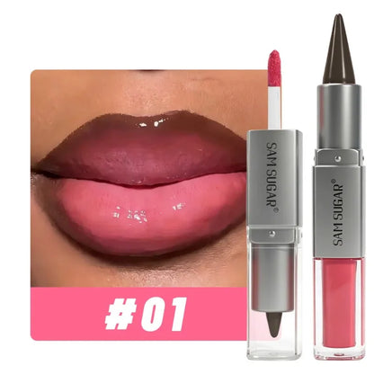 Matita Labbra 2-in-1 Sfumata Marrone Nude con Lucidalabbra Effetto Specchio e Contorno Labbra Opaco Impermeabile per Trucco