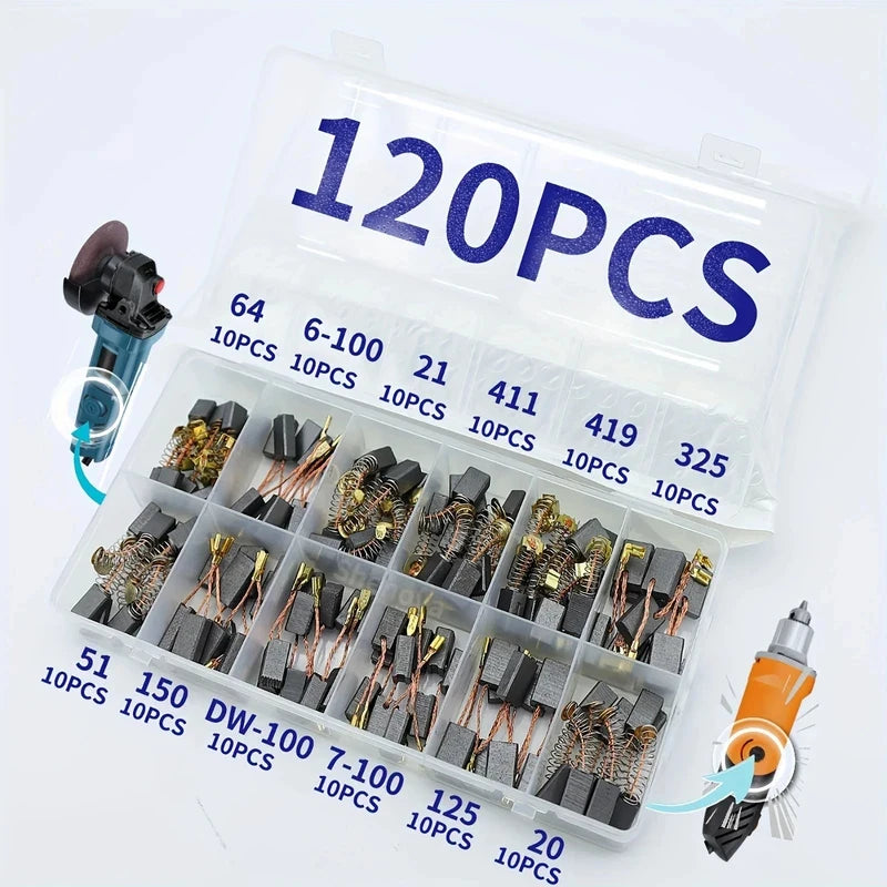 Set Universale di 120 Spazzole in Carbonio di Varie Dimensioni, 12 Specifiche, Spazzole di Ricambio per Manutenzione Utensili Elettrici Fai-da-Te