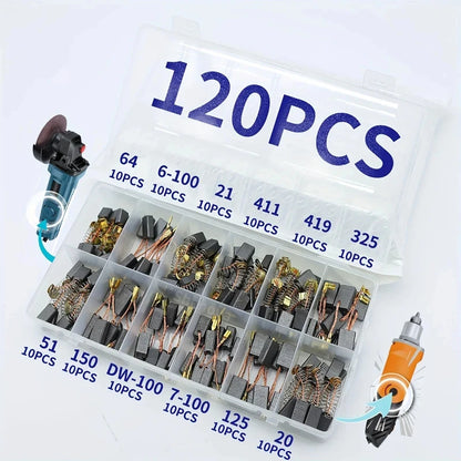 Set Universale di 120 Spazzole in Carbonio di Varie Dimensioni, 12 Specifiche, Spazzole di Ricambio per Manutenzione Utensili Elettrici Fai-da-Te