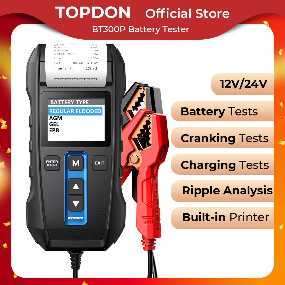 TOPDON BT300P Tester per Batterie Auto 12V 24V, Tester di Carico Automobilistico 100-2000 CCA con Stampante Integrata, Strumento Diagnostico per Sistema di Avviamento e Ricarica, Analizzatore per Batterie AGM, Gel, EFB e a Pi