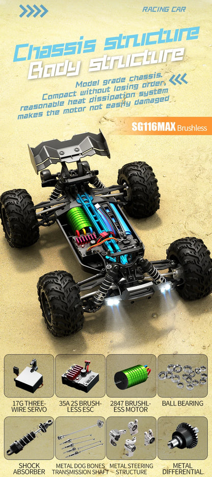 SG116 PRO, auto radiocomandata in scala 1/16, velocità massima 40 km/h, trazione integrale, fuoristrada, monster truck radiocomandato, veicolo da corsa 2.4G, giocattolo, regalo di compleanno per bambini, ragazzi e adulti.