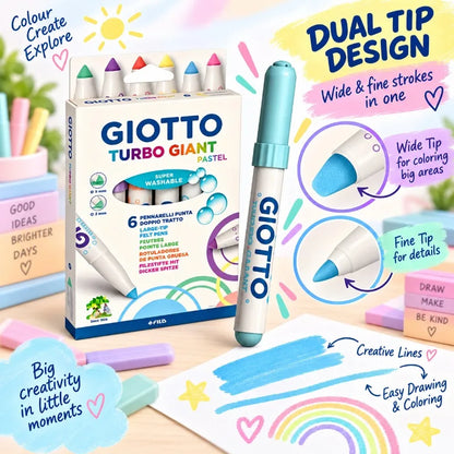 GIOTTO Set da 6 Pennarelli Pastello Turbo Giant Super Lavabili con Punta Larga in Feltro per Disegno, Colorazione, Progetti Artistici Scolastici per Bambini