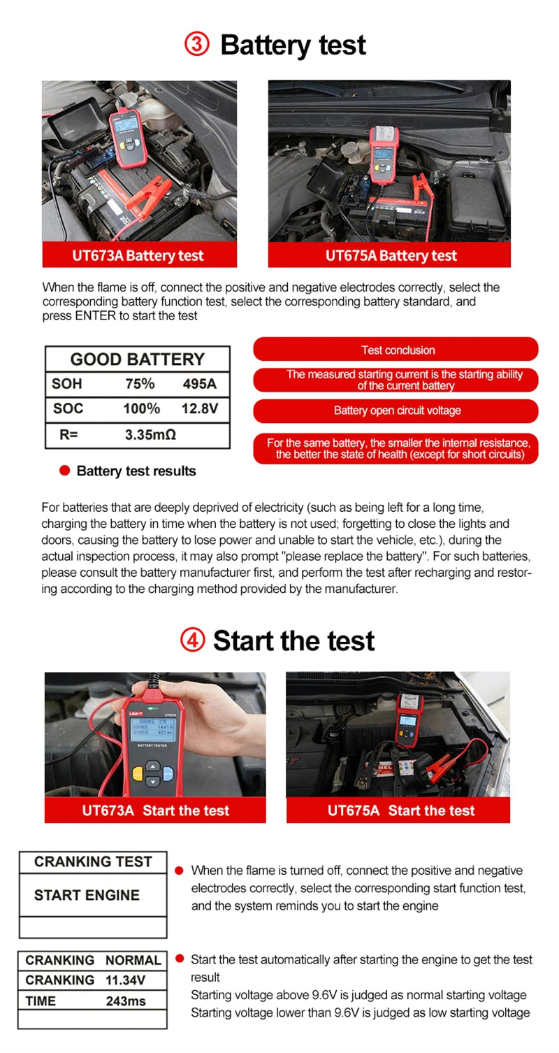 UNI-T UT673A UT675A Tester per batteria automobilistica controllore digitale con stampante Tester di carico per batteria per auto professionale 12V 24V