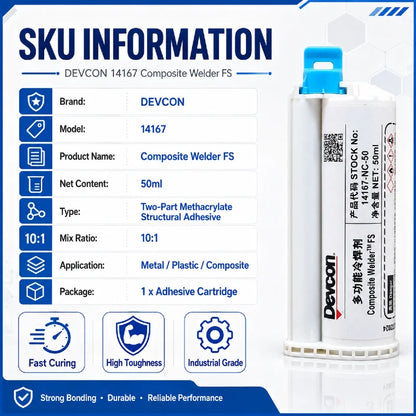 Adesivo Strutturale Bicomponente in Metacrilato Devcon 14167 FS 50ml, Colla a Rapida Asciugatura per Riparazione di Metallo, Plastica e FRP