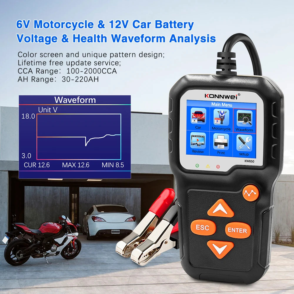 KONNWEI KW650 Tester batteria per auto 6V 12V Analizzatore automatico per auto moto da 100 a 2000 CCA Strumento di test di ricarica avviamento per auto Moto