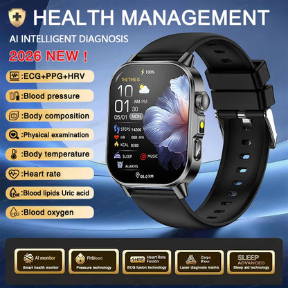 Nuovo Smartwatch per Uomo con Diagnosi ECG Accurata, Misurazione di Pressione Sanguigna, Ossigeno nel Sangue, Grasso nel Sangue, Acido Urico, Temperatura, Chiamate Bluetooth