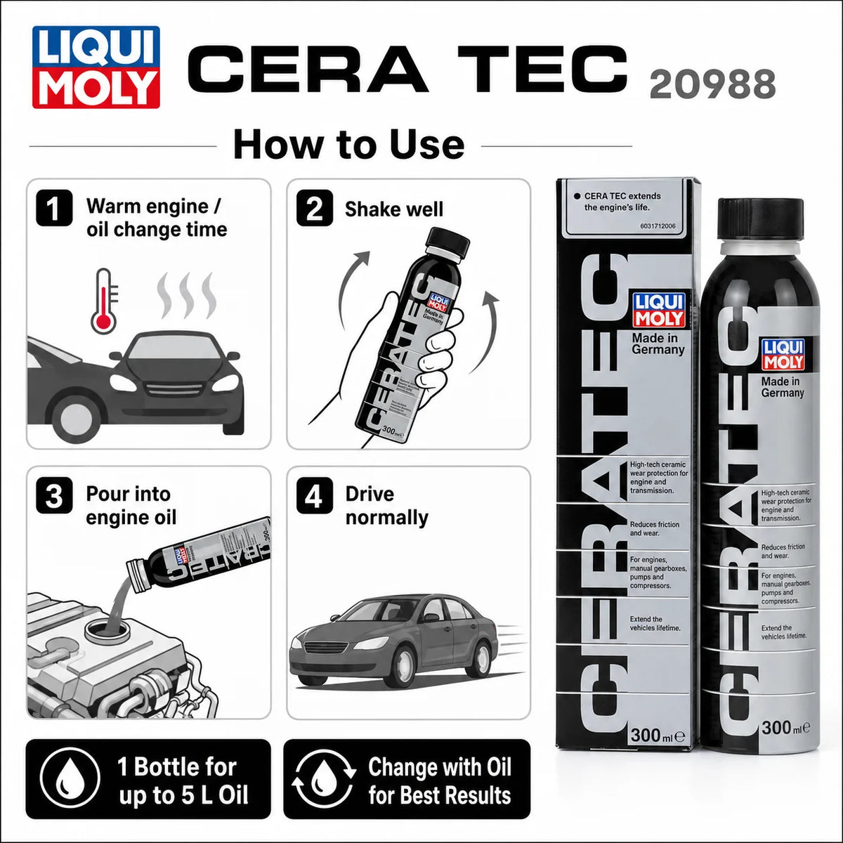 Liqui Moly CeraTec Additivo Ceramico per Olio Motore, Antiusura e Riduttore di Attrito, Protettore per Motori Turbo Auto
