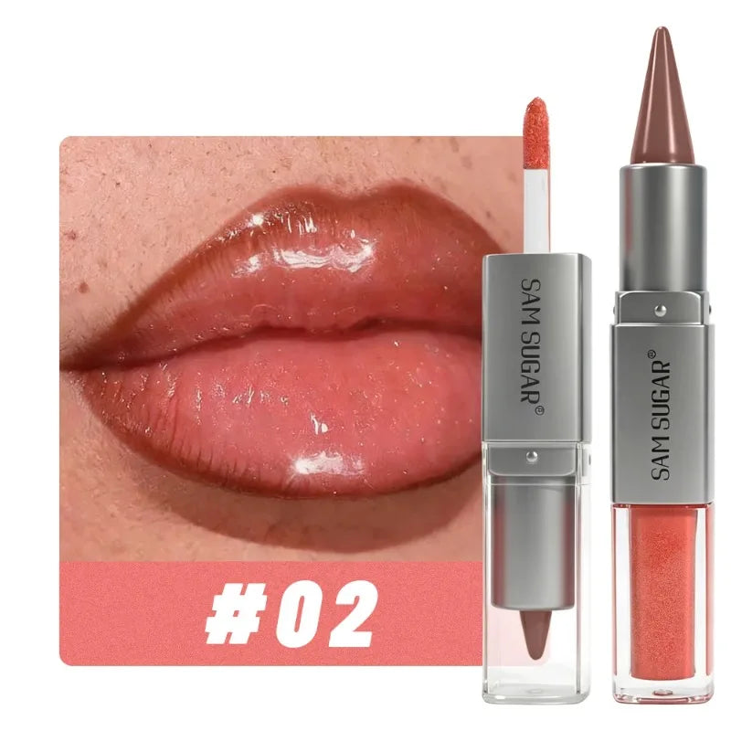 Matita Labbra 2-in-1 Sfumata Marrone Nude con Lucidalabbra Effetto Specchio e Contorno Labbra Opaco Impermeabile per Trucco
