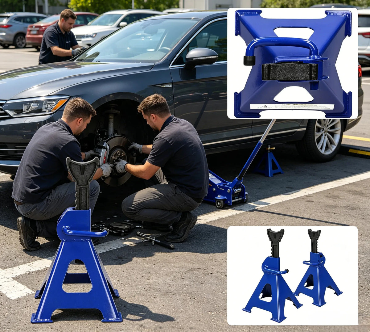Confezione da 2 cavalletti in acciaio resistente con maniglia ergonomica, cavalletti di supporto per veicoli con altezza regolabile a cricchetto e base antiscivolo, per berline, SUV, manutenzione in garage e sostituzione pneu