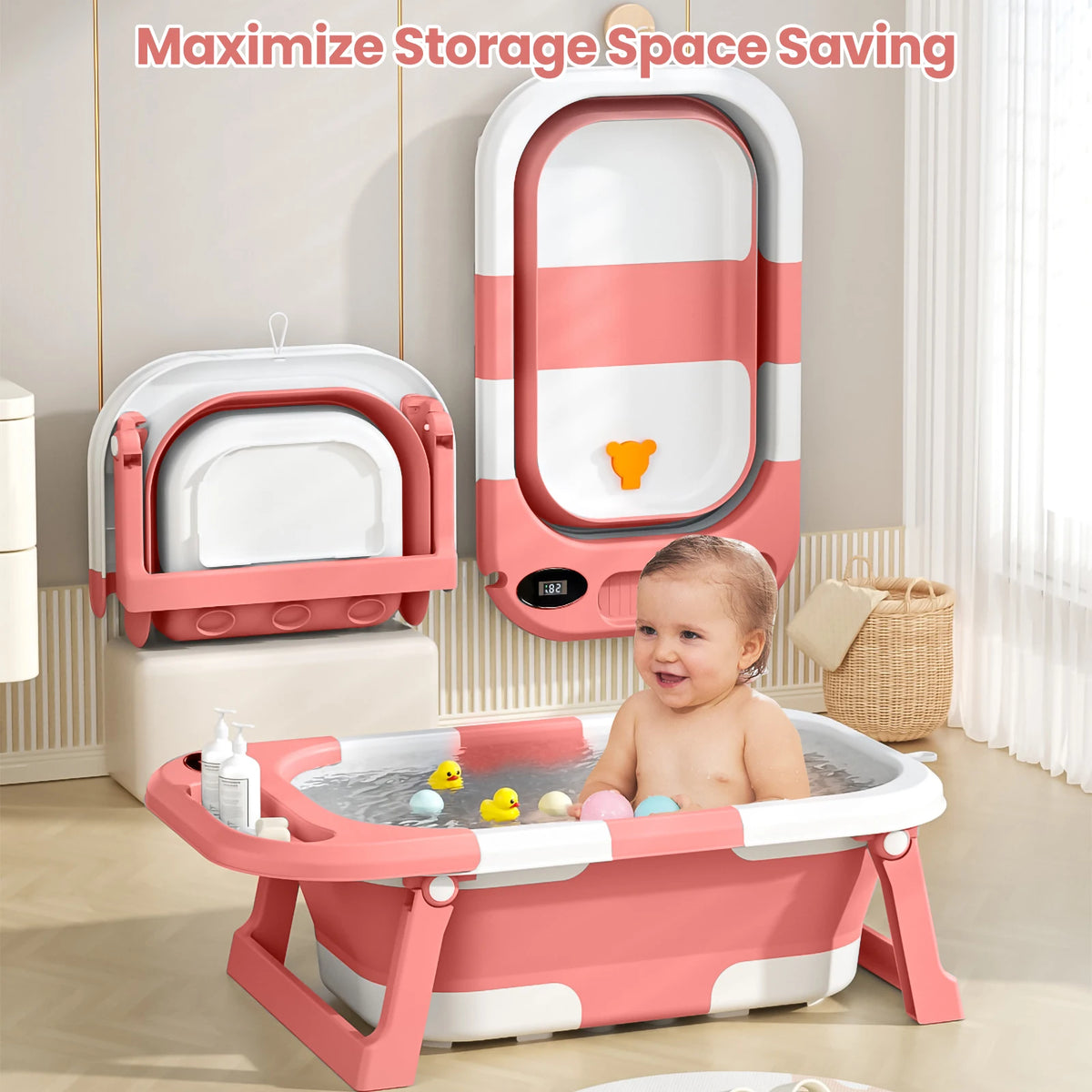 Vasca da bagno per neonati con foro di scarico, pieghevole, con cuscino morbido, portatile da viaggio, antiscivolo integrato