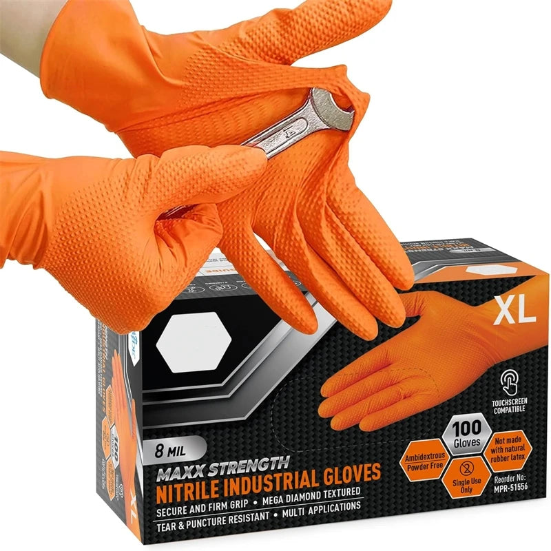 Guanti monouso industriali in nitrile arancione resistenti Guanti monouso industriali da 8 milioni con impugnatura testurizzata a diamante per la sicurezza meccanica e guanti da lavoro
