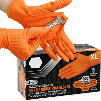 Guanti monouso industriali in nitrile arancione resistenti Guanti monouso industriali da 8 milioni con impugnatura testurizzata a diamante per la sicurezza meccanica e guanti da lavoro
