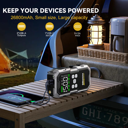 Avviatore di Emergenza Portatile per Auto 1500A, Compressore d'Aria 150PSI 26800mAh/21800mAh, Power Bank con Pompa d'Aria per Gonfiaggio Pneumatici, Avviatore di Emergenza per Auto, Avvia Rapidamente l'Auto, Ingresso/Uscita U