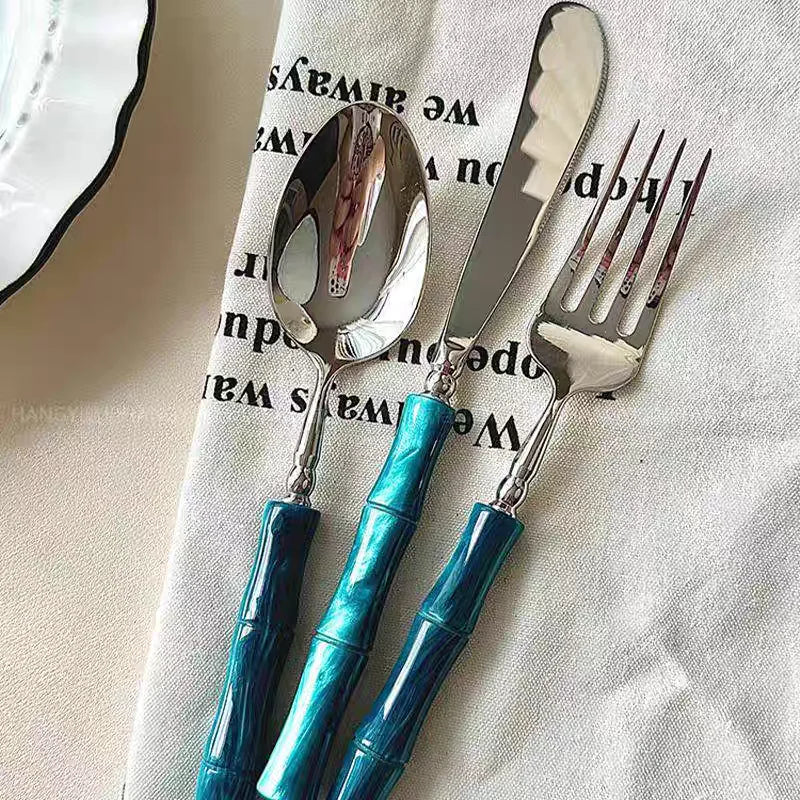 Nuovi posate in resina stile bambù 18/10 in acciaio inossidabile 304 posate classiche set di stoviglie argento blu verde crema trasporto di goccia